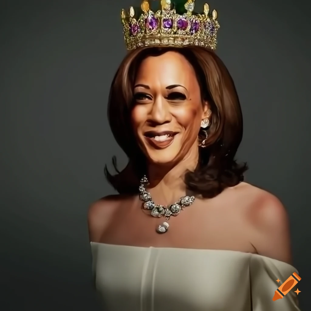 Portrait of Kamala Harris with crown, jewelry, and ballgown in regal pose