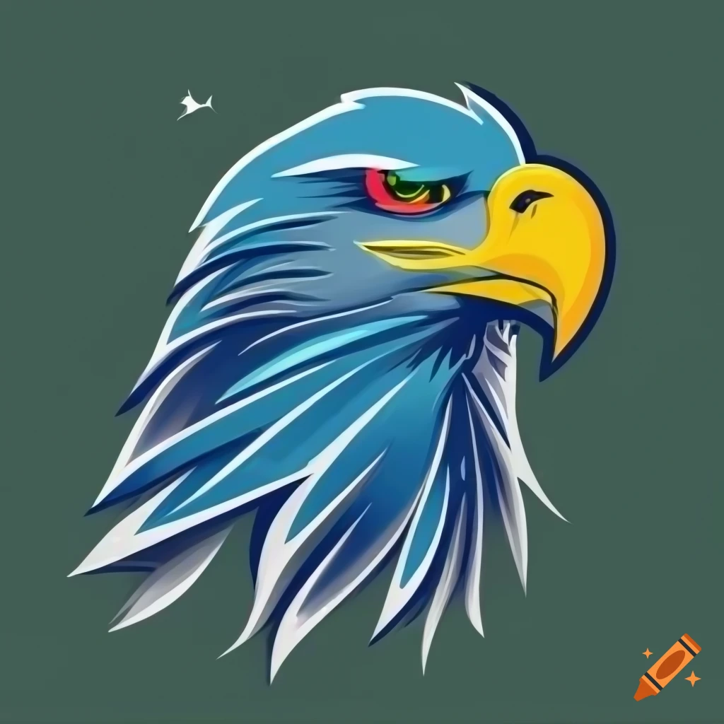 Fierce eagle head sports team logo in royal blue, deep green, and white colors