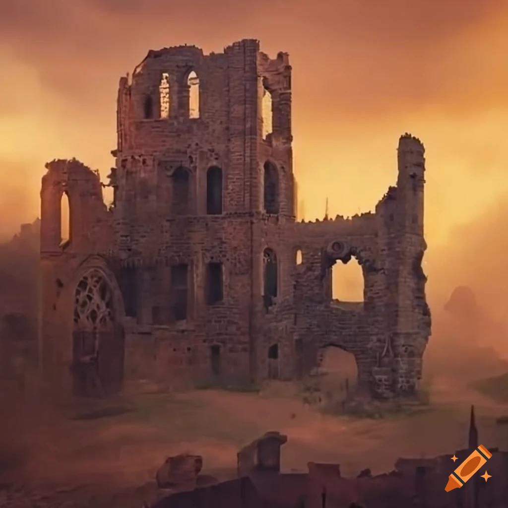 Close-up of ancient castle ruins with robed churchgoers after war on ...