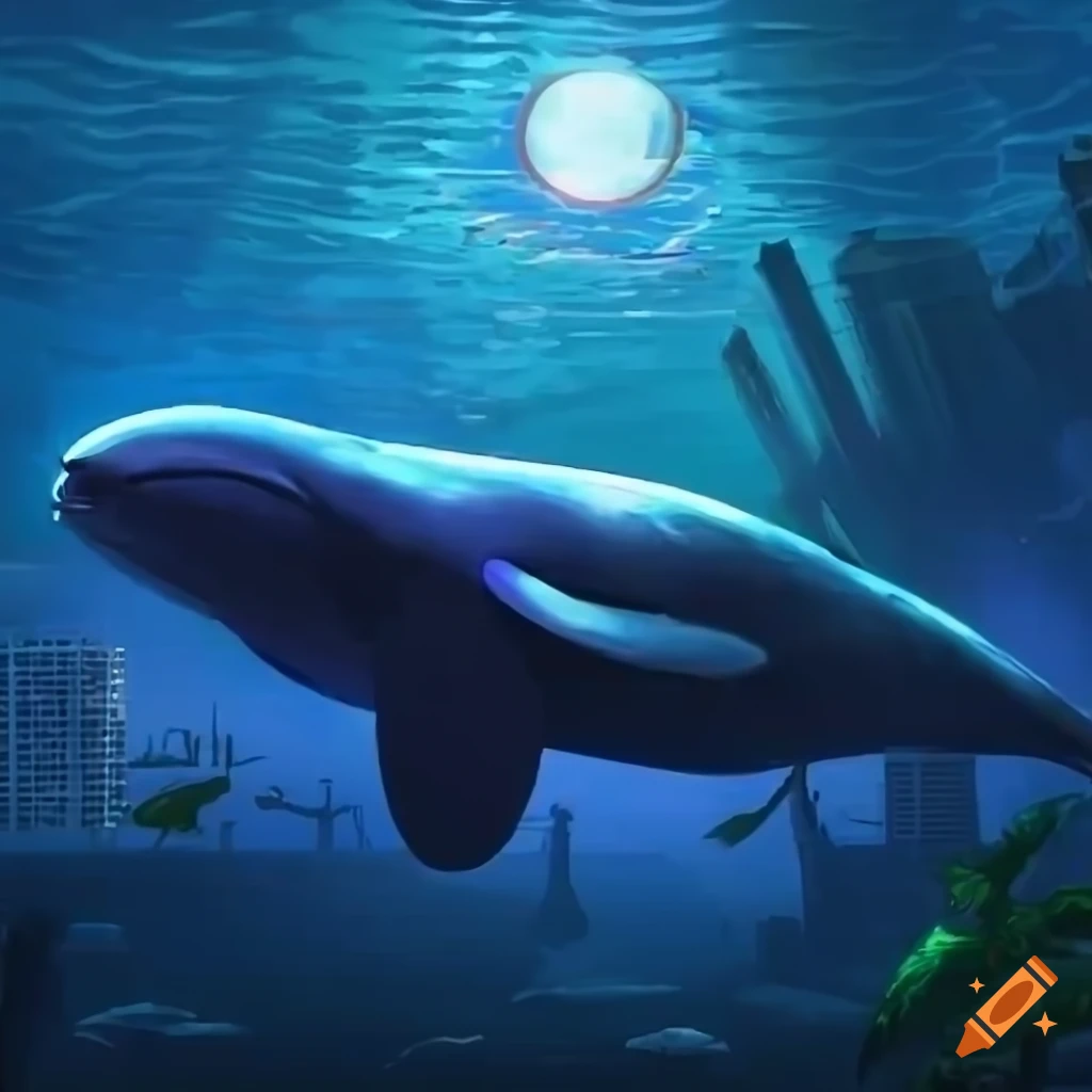 Cityscape of Hotline Miami with neon lights and a whale swimming in an outdoor aquarium