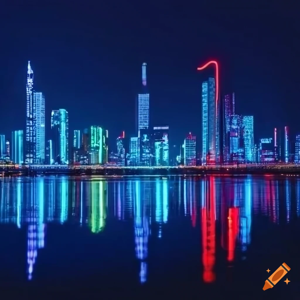 City skyline of neon lights reflecting on water at night