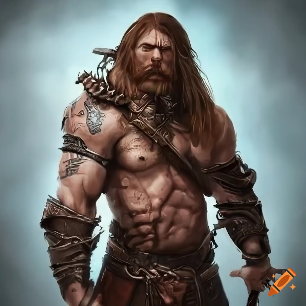 Intimidating barbarian warrior ready for battle in detailed armor and tattoos, hyperrealistic illustration