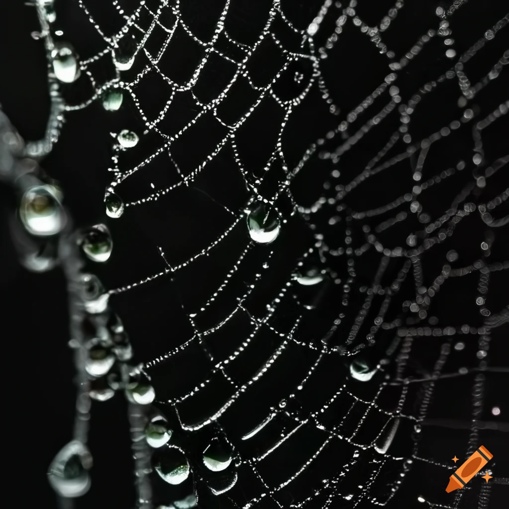 Macro photography of dewdrops on a spider web showing intricate details