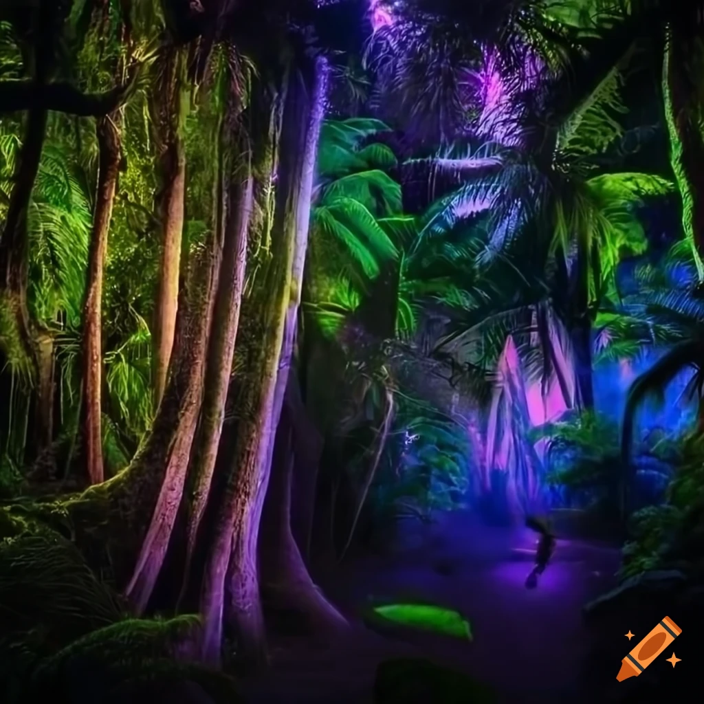 Tropical forest illuminated by neon lights at night