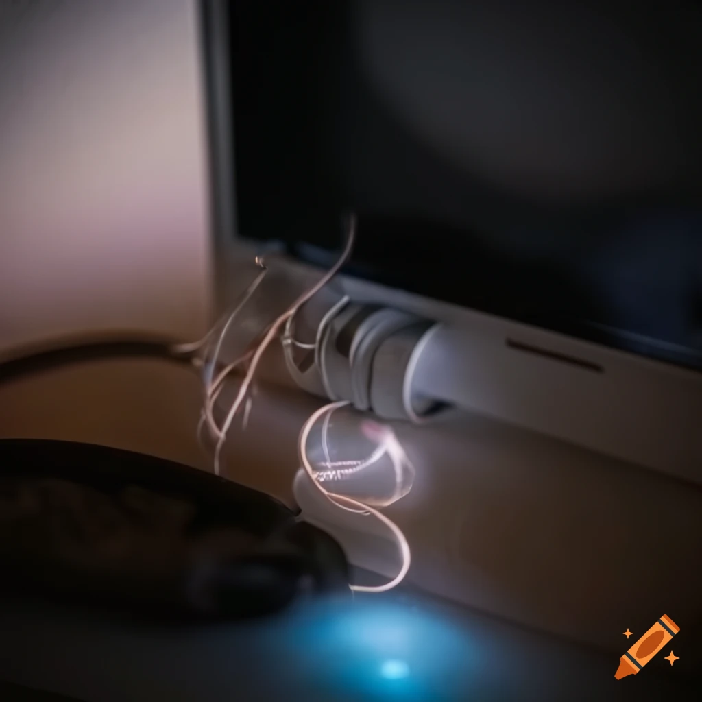 Cluttered bedside table with tangled power cords