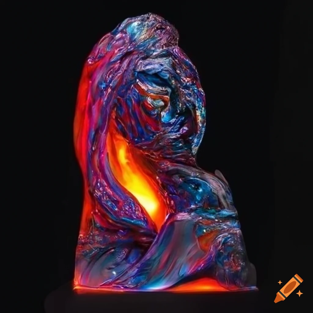 Dynamic feminine molten metal sculpture with stained glass