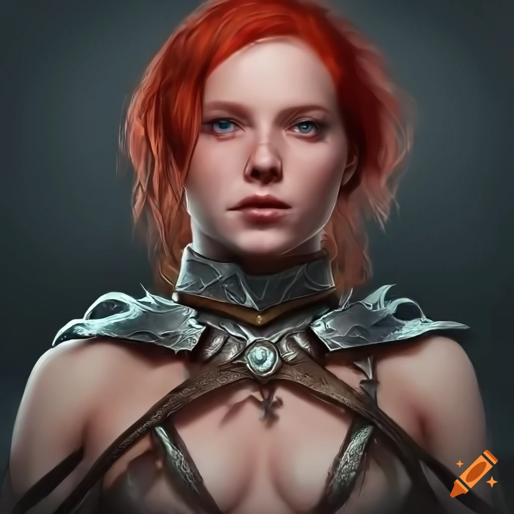Female warrior with red hair ready to fight in a dark forest
