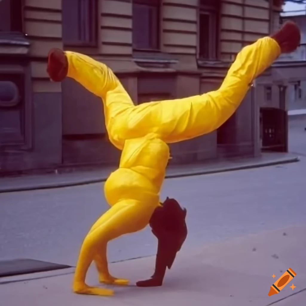 Yellow-brown breakdancing person in USSR surrounded by gigantic animals