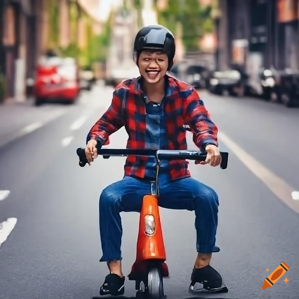 Asian man in his 30s smiling on a toy scooter with girl riding on the back