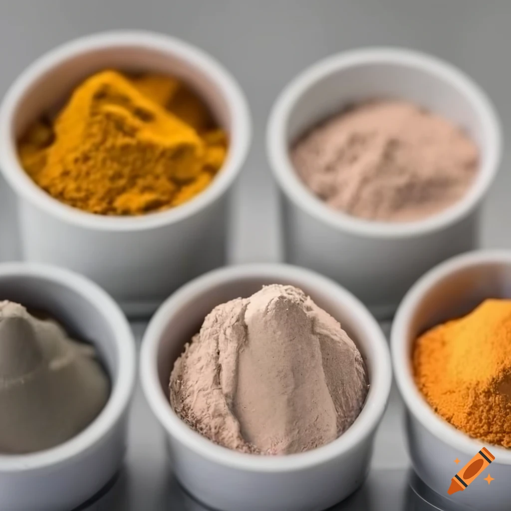 Natural colored powdered supplements arranged in small pots on a lab bench