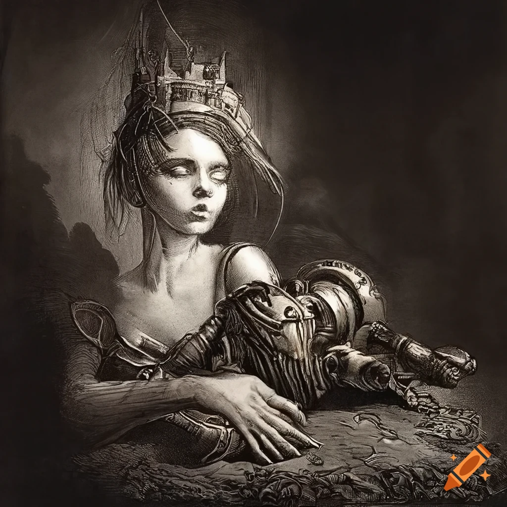 Beautiful girl in biomechanical steampunk-inspired robotic body lying down with a renaissance vibe