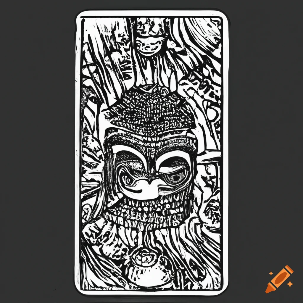 Medieval woodcut of a mask surfing with sun in background