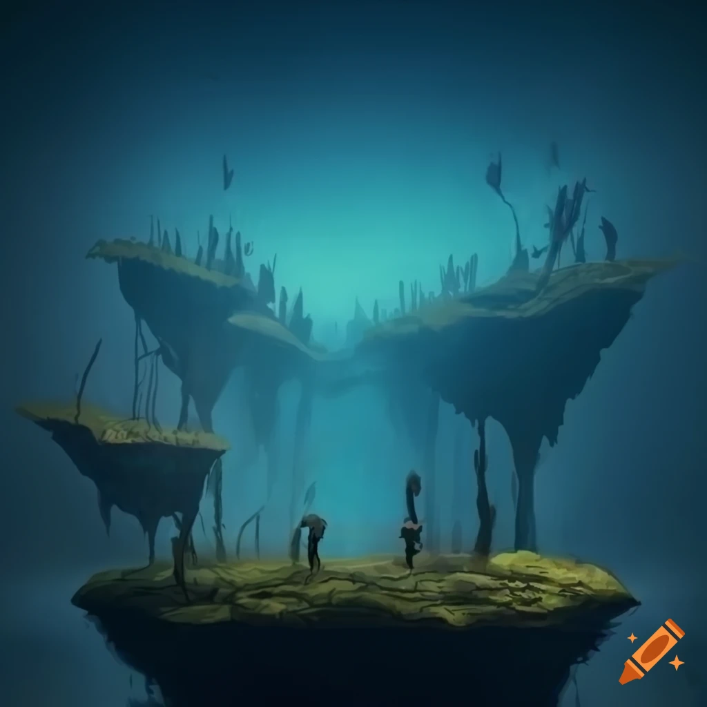 Primordial forest on floating islands in the void with an ethereal aura