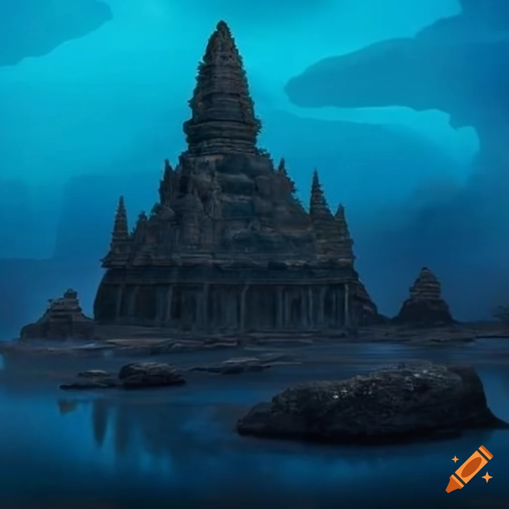 Temple in a lake of blue lava