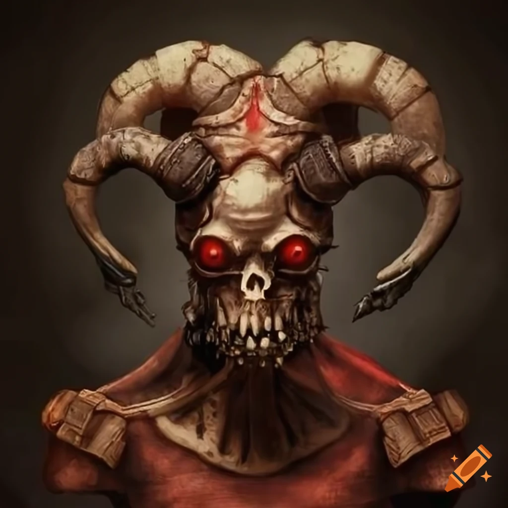 Dieselpunk demonic soldier with a skeletal ram's head and red fire orbs