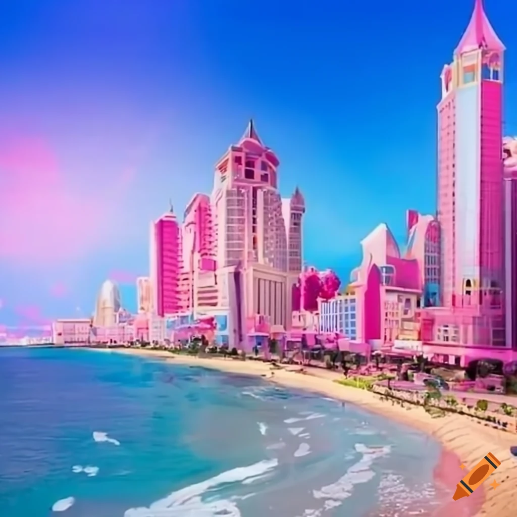 Barbie-themed city beach holiday resort with pink decor and billboards