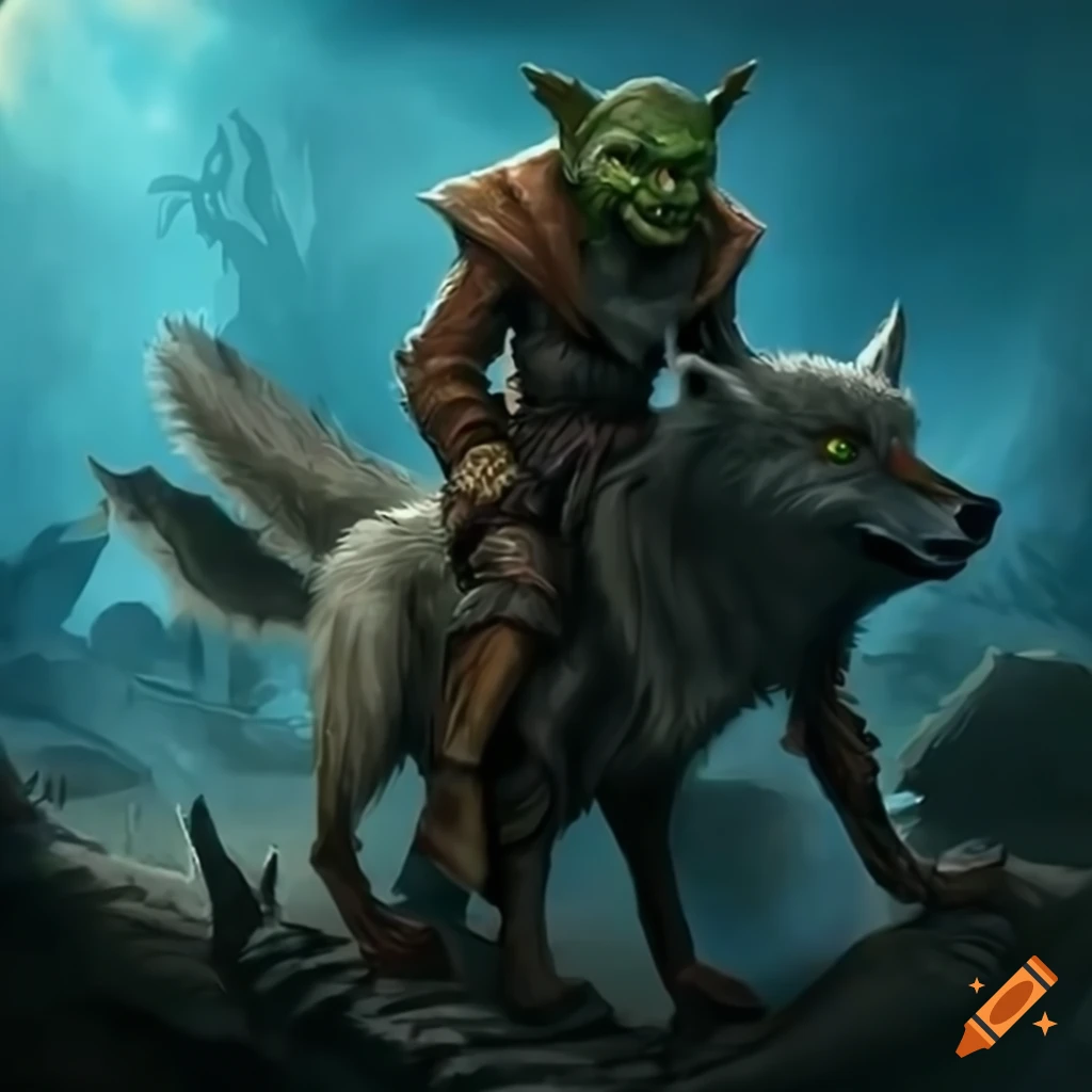 Realistic goblin riding a wolf in an epic scene