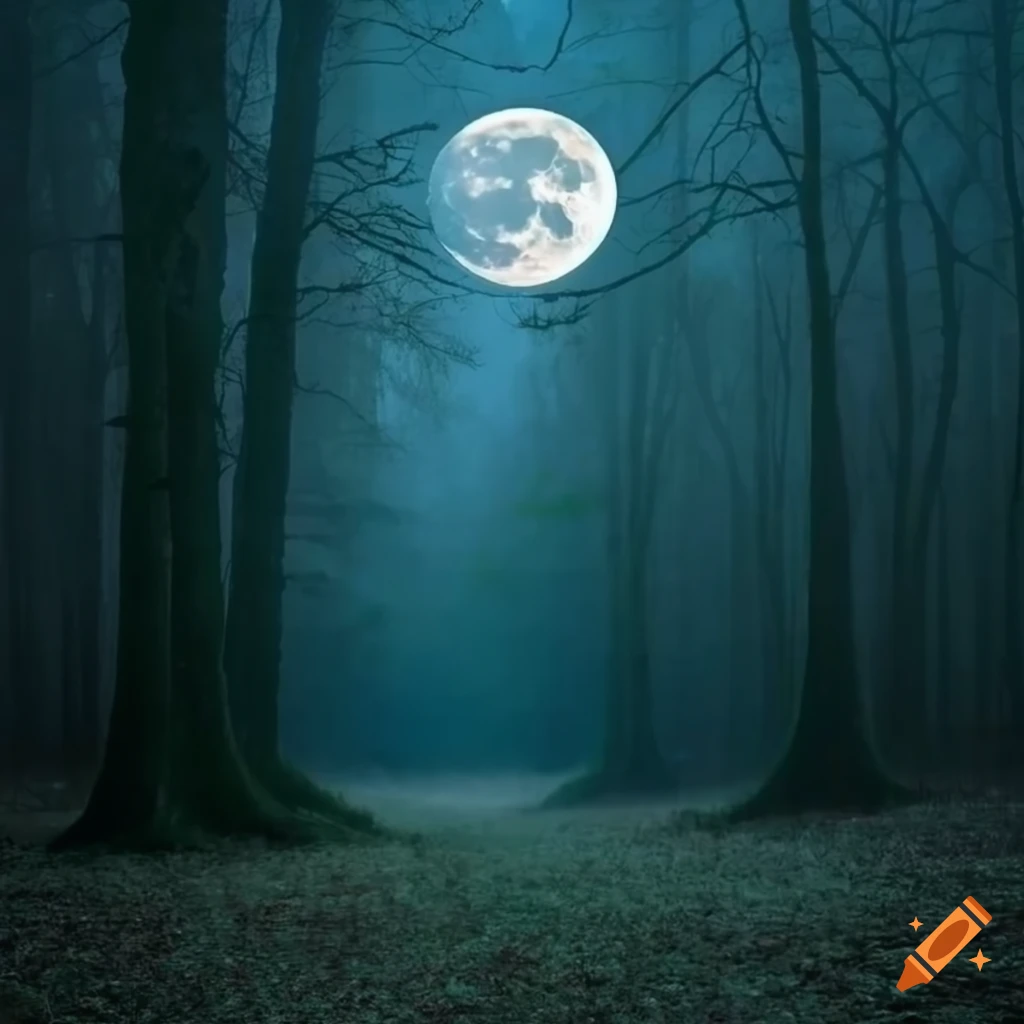 Dark forest illuminated by moonlight and full moon in light drizzle