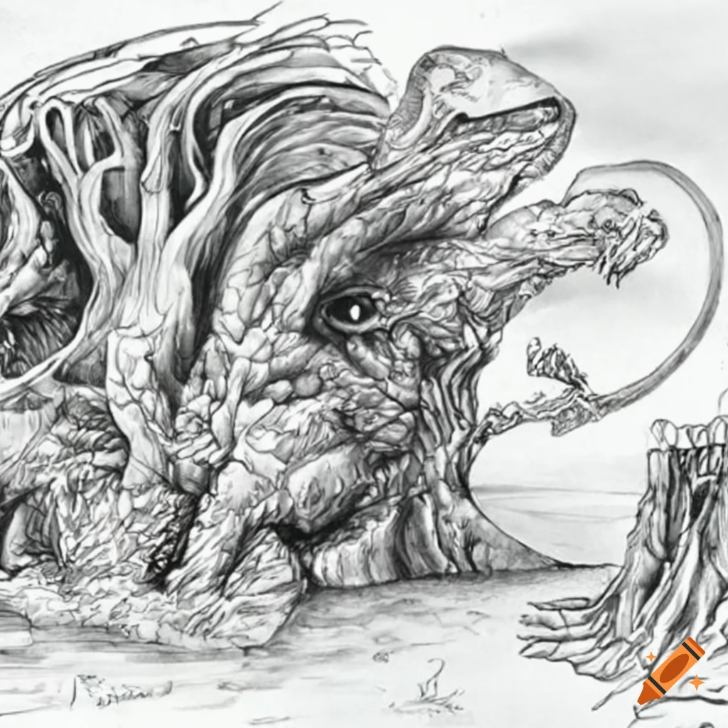 Surreal black and white ink drawing of fantastical creatures in a mythical dreamlike landscape