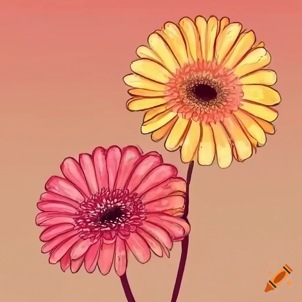 Three pastel gerbera flowers with pink, orange, and yellow colors in watercolor style