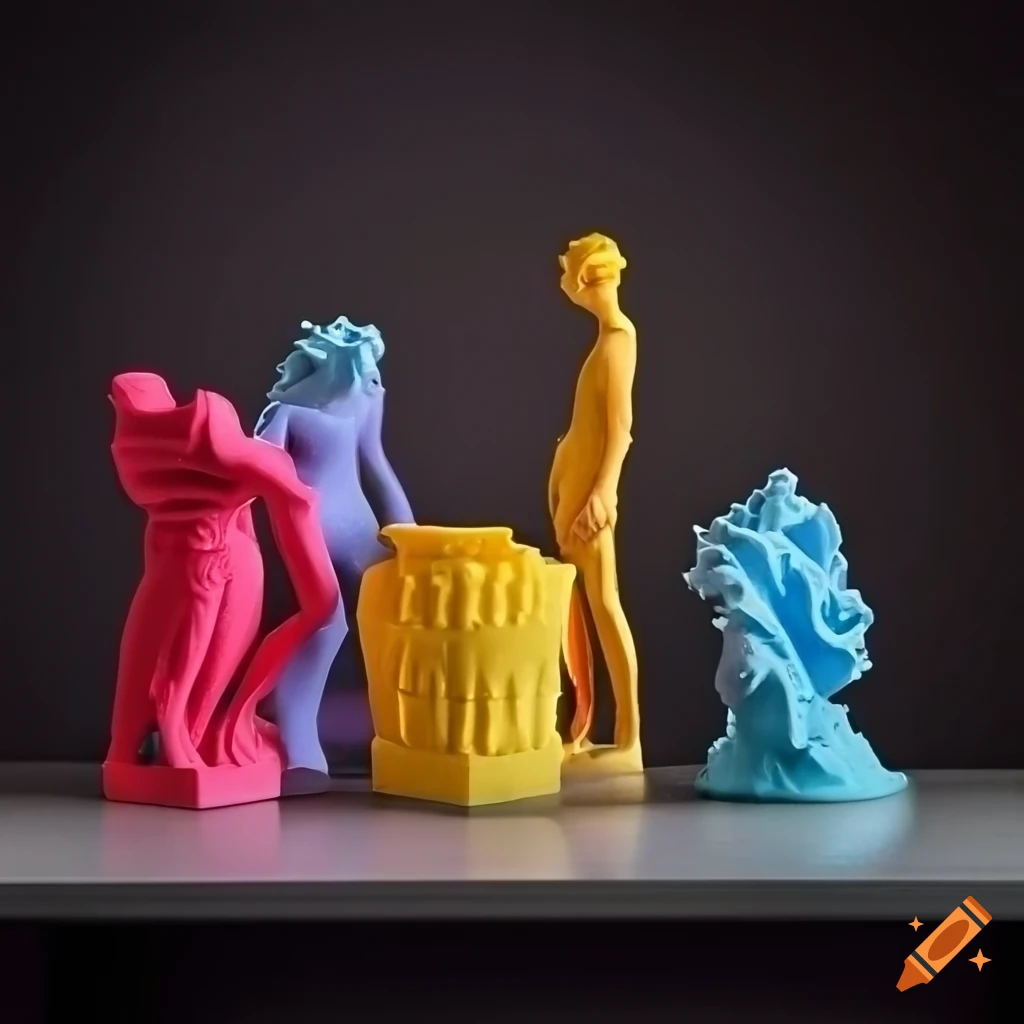 Colorful 3D-printed models and sculptures on a table