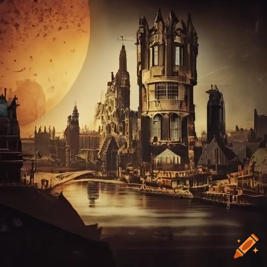 Steampunk Bauhaus collage hyperreal landscape