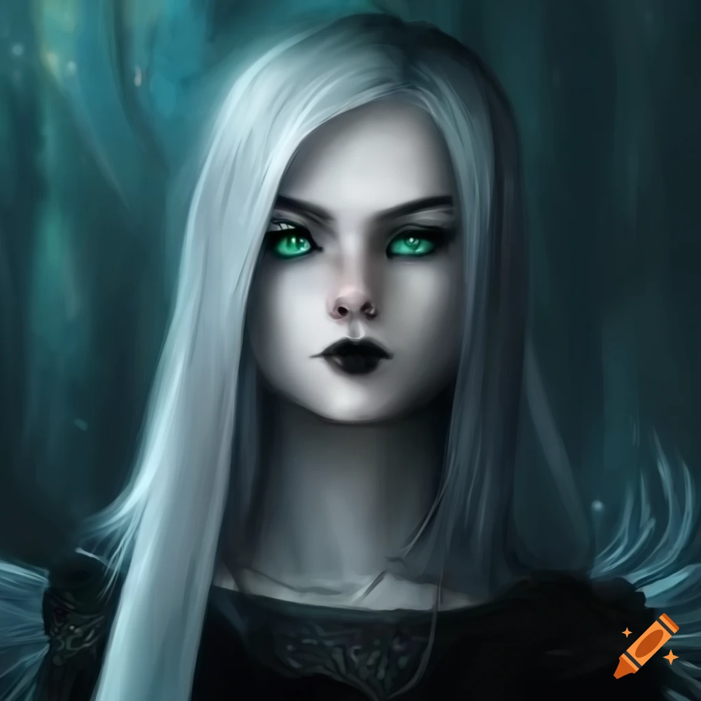 Young sorceress with platinum hair, black lips, and green eyes on Craiyon