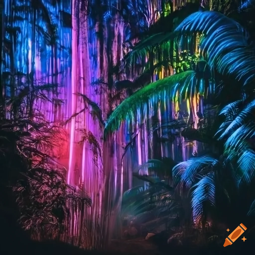 Tropical forest illuminated by neon lights at night