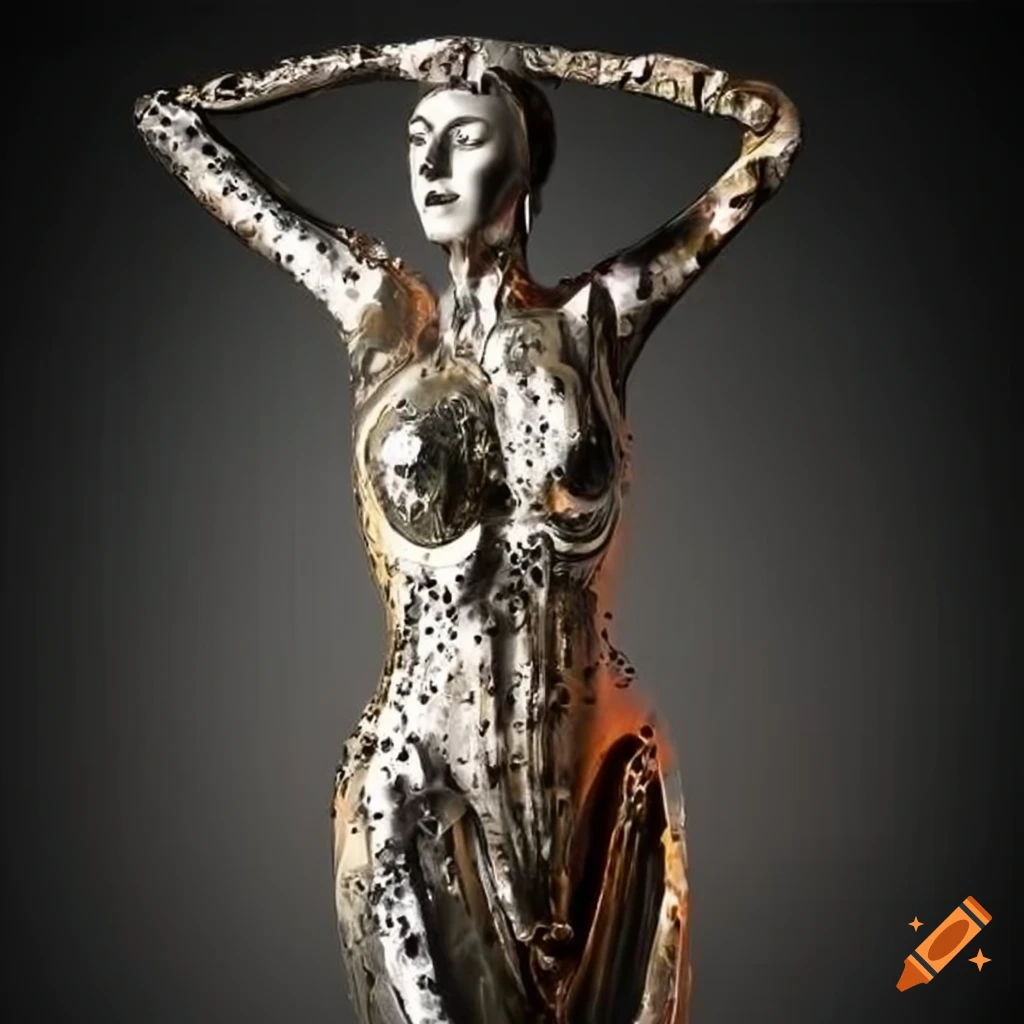 Dynamic feminine liquid molten metal sculpture with stained glass