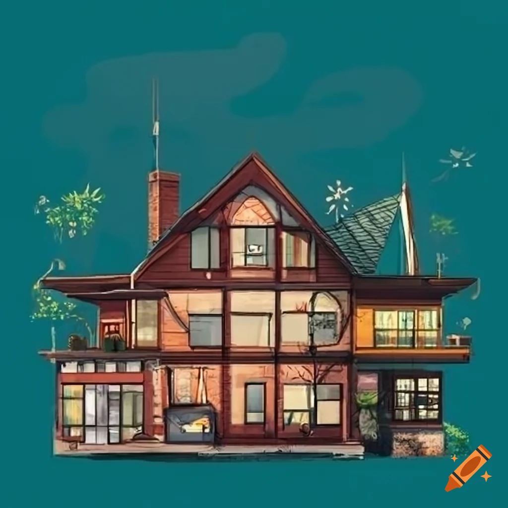 Front view of a cozy rural SolarPunk style building