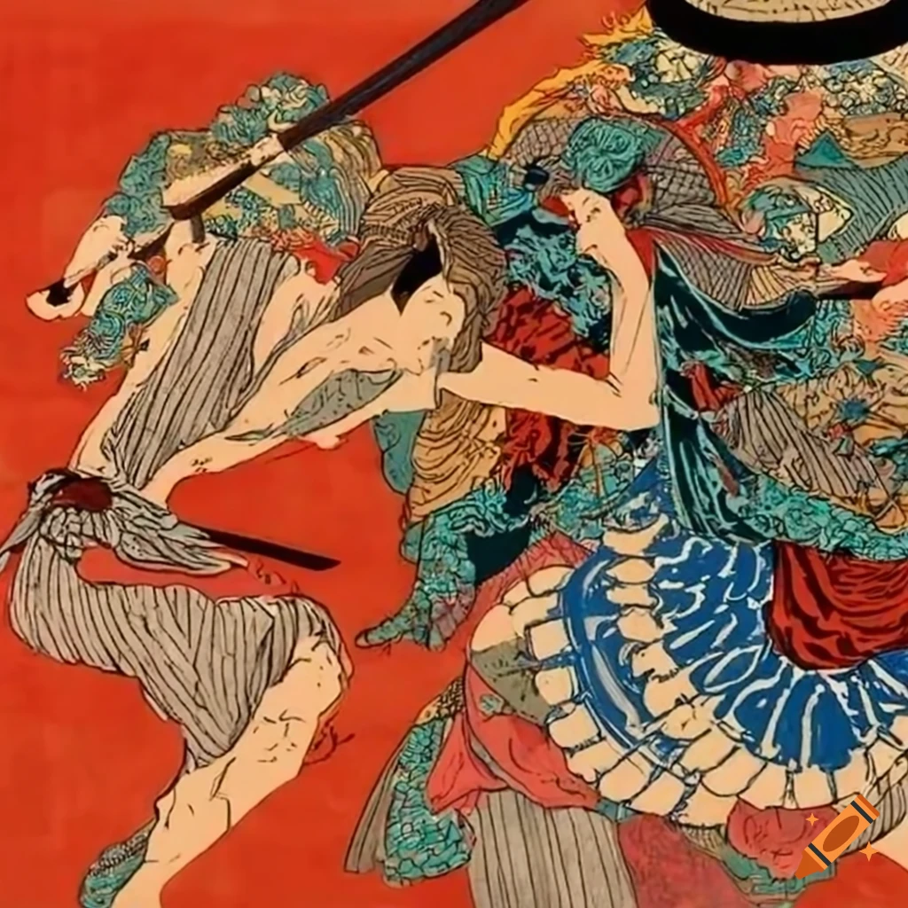 Powerful martial artist in a battle stance in Ukiyo-e artwork