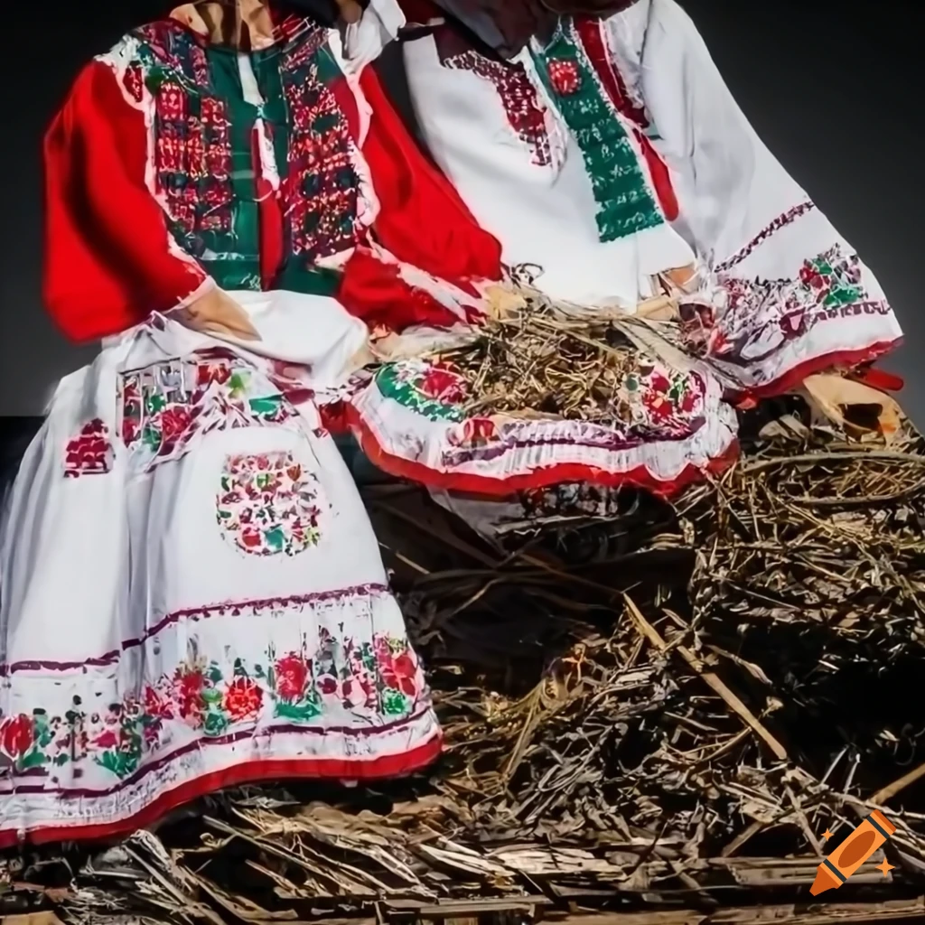 Detail of traditional Hungarian clothes in a junk garbage nest in a destroyed landscape