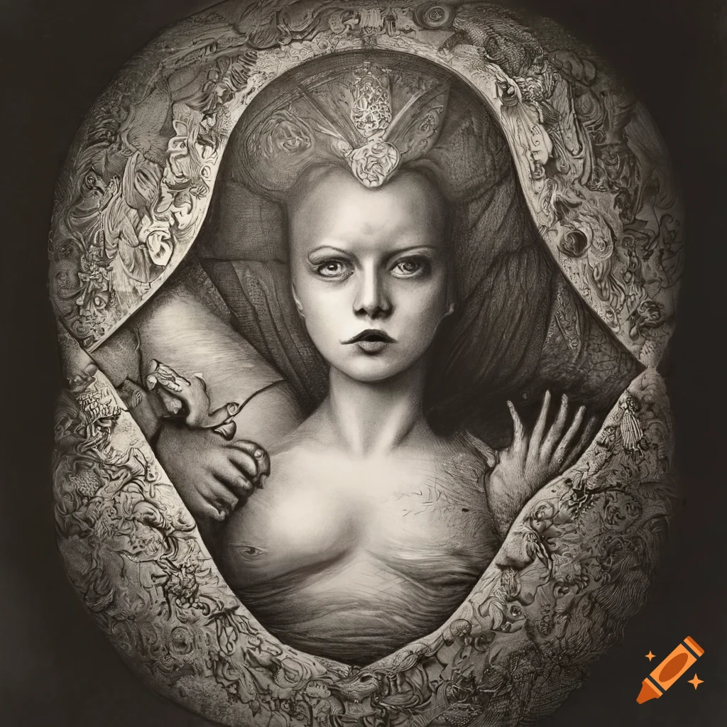 Surreal mezzotint of beauty lying down with renaissance vibe in black and white