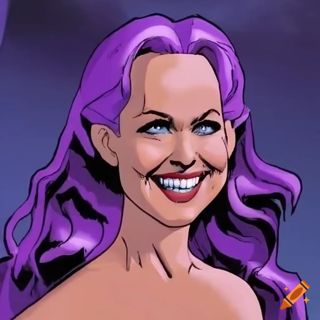 Close-up of Melora Hardin laughing with purple glowing eyes in a Marvel animated series from 1997