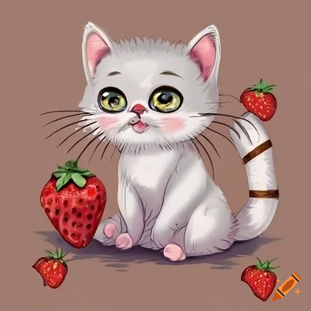 Cute white cartoon kitten surrounded by strawberries and flowers in a cozy setting
