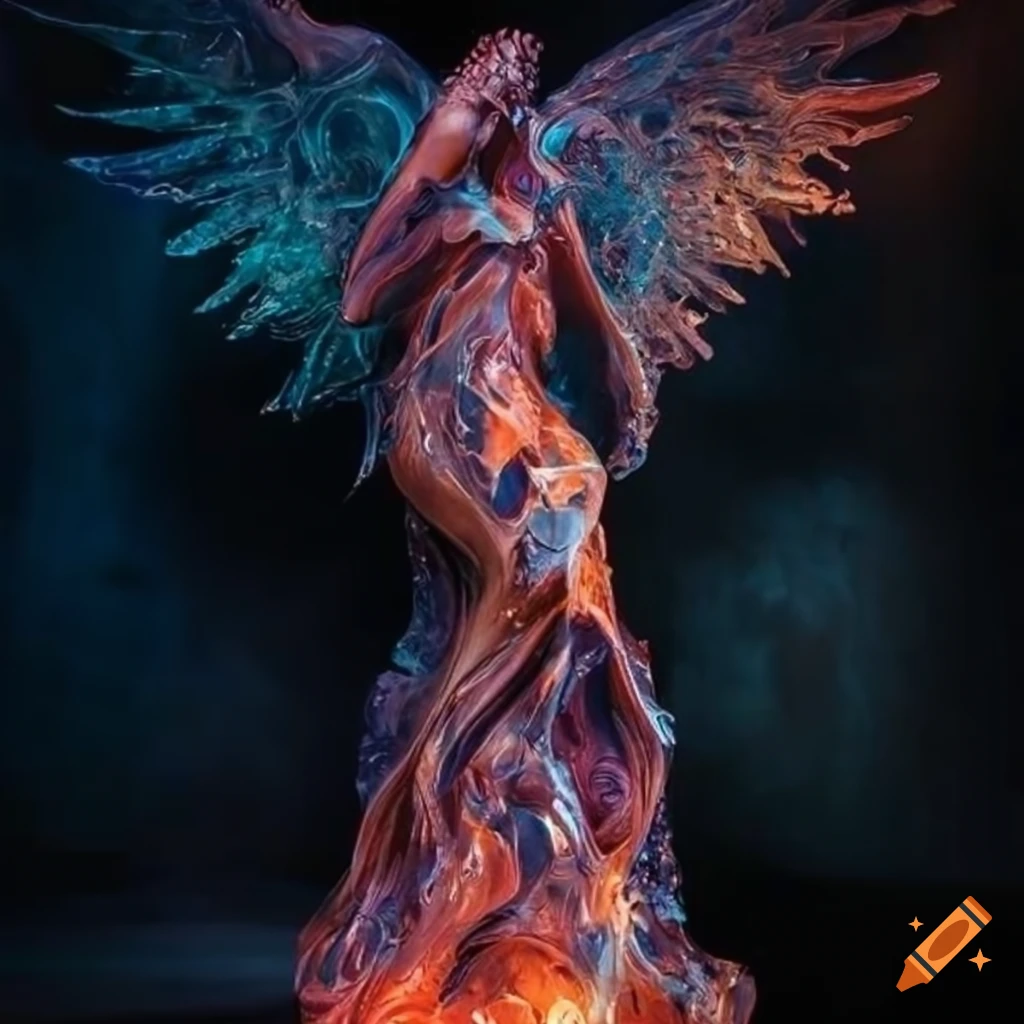 Dynamic feminine liquid molten metal sculpture with stained glass