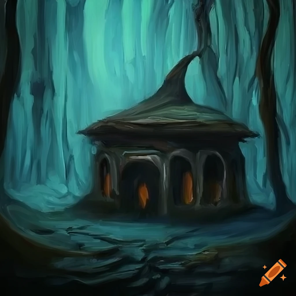 Abstract expressionistic oil painting of a witches hut in a creepy forest