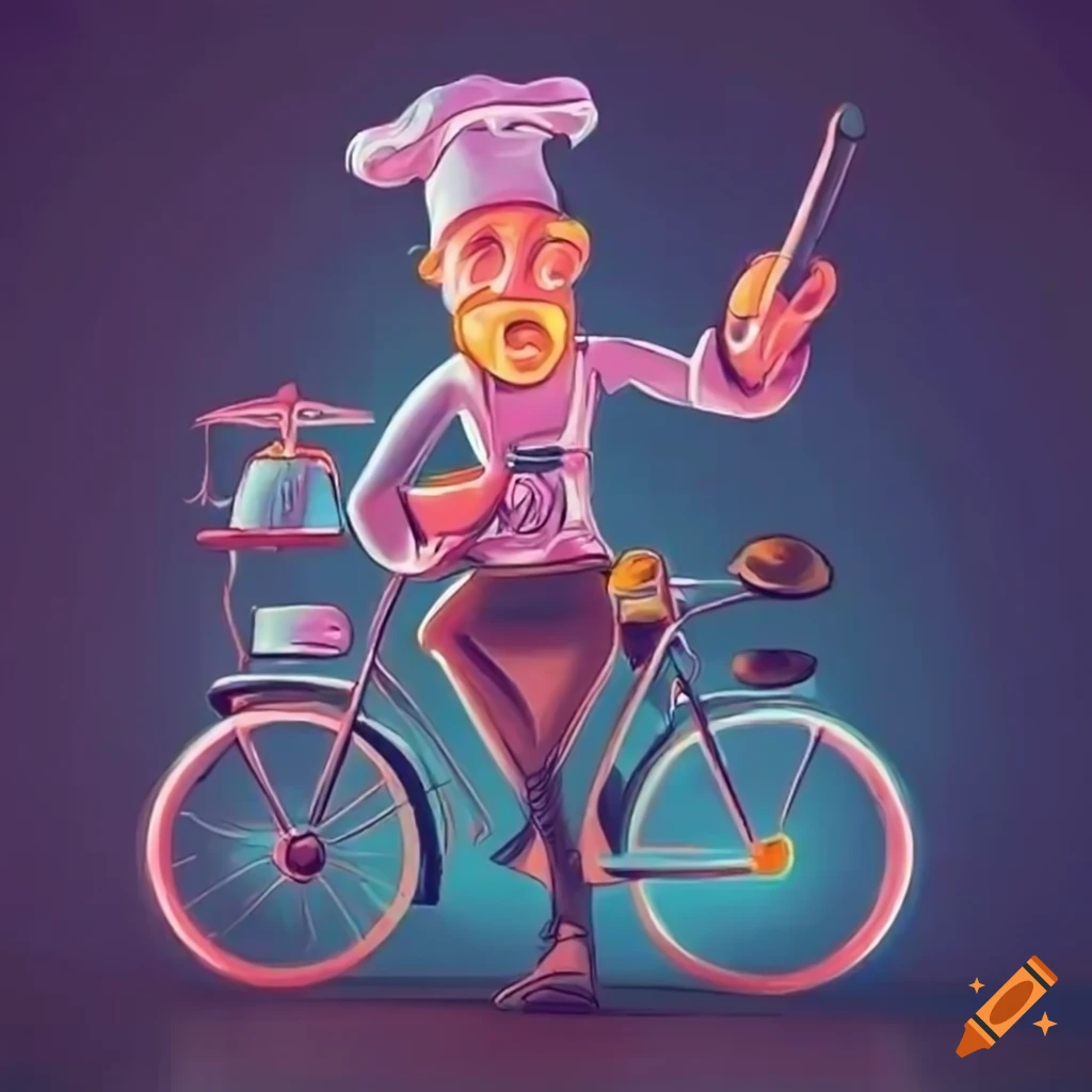 Unique chef cooking on a bike with a vintage gameboy under neon lights