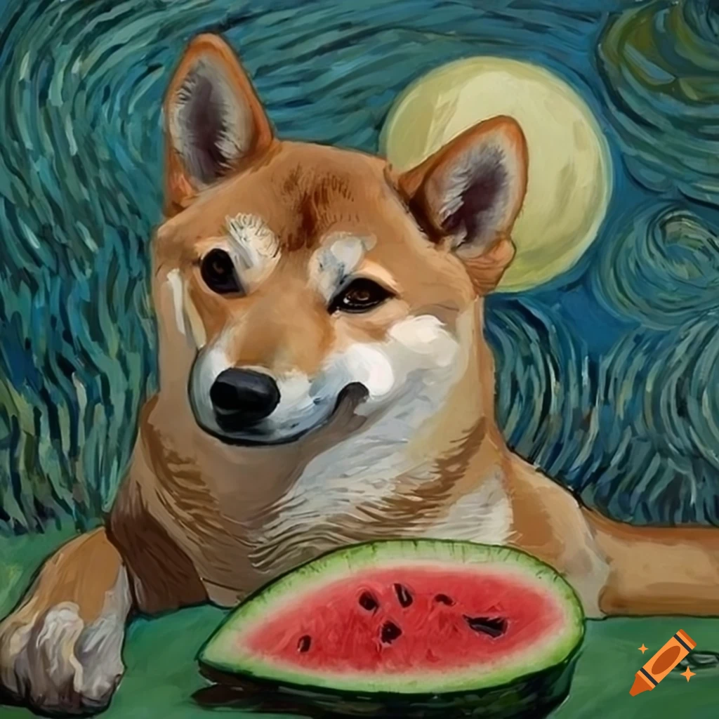 Shiba dog with watermelon helmet in Van Gogh style