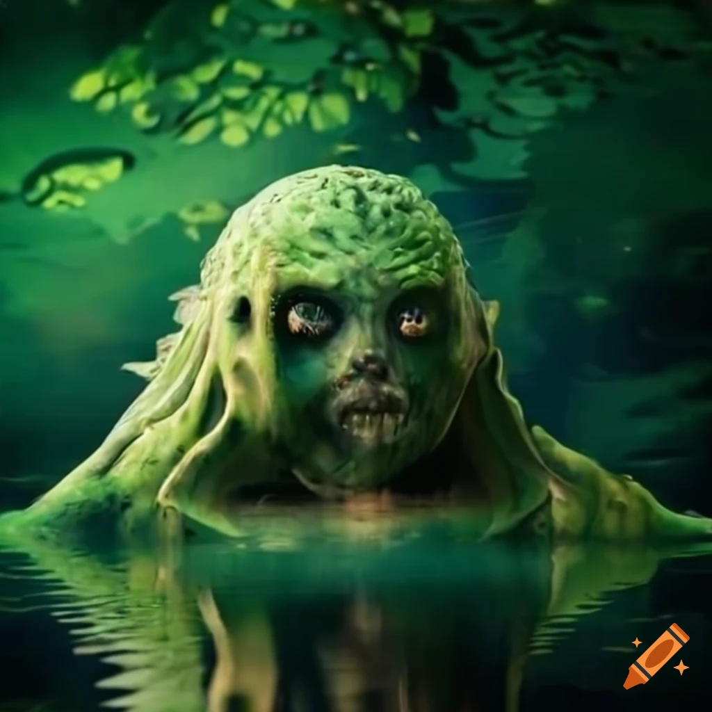 Humanoid monster made of nymphaea leaves in a pond
