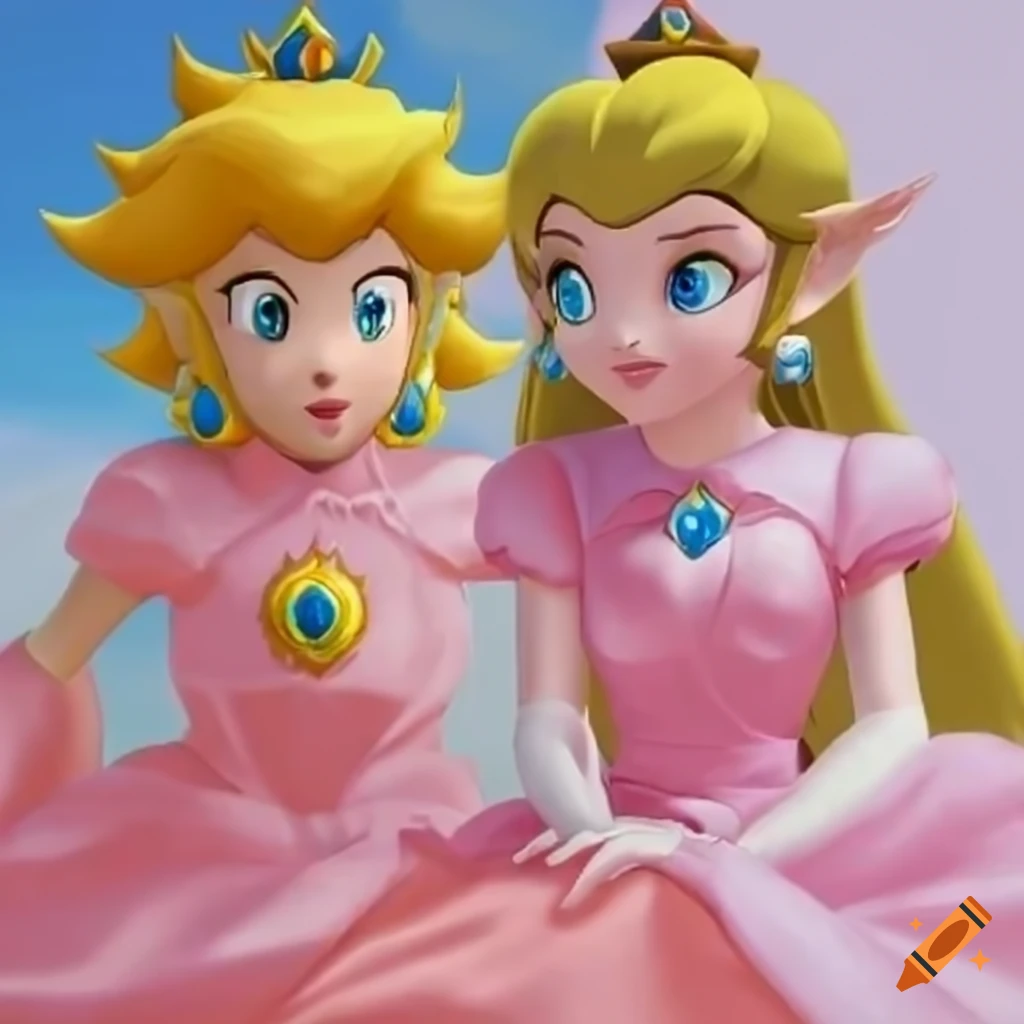 Princess Peach and Link in pink silk ballgown at a manor setting