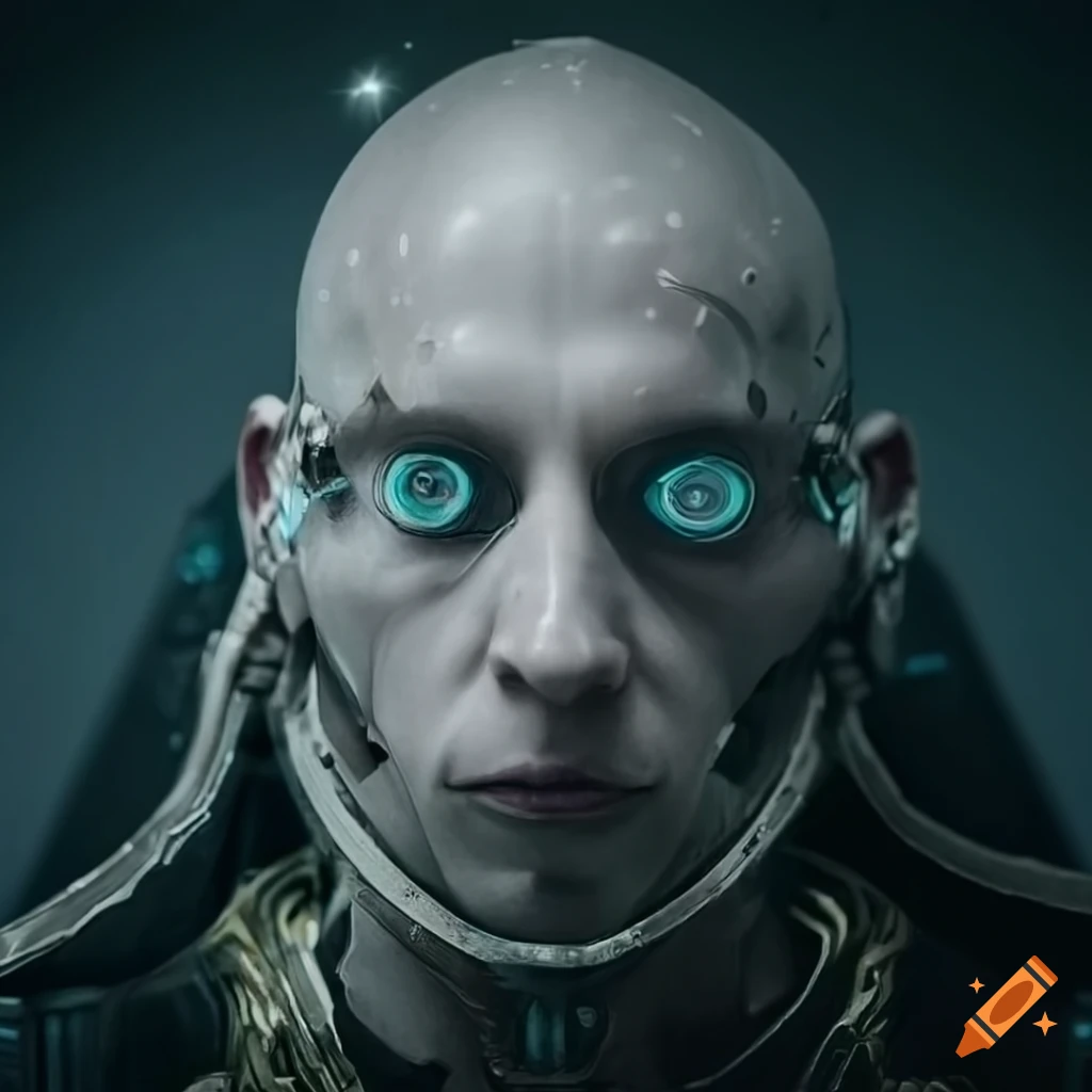 Sci-fi cyborg tech priest with captivating eyes in an office setting