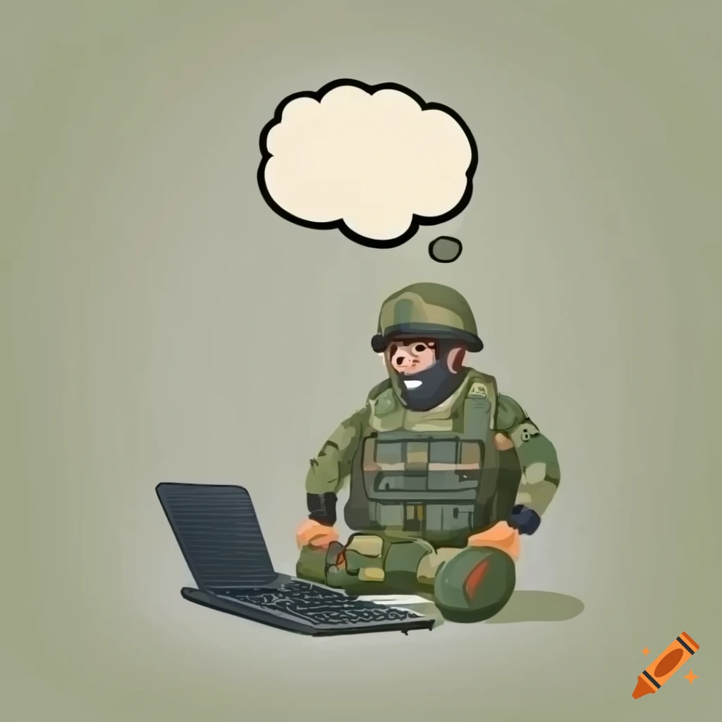 Cartoon soldier with laptop and drone in thought bubble