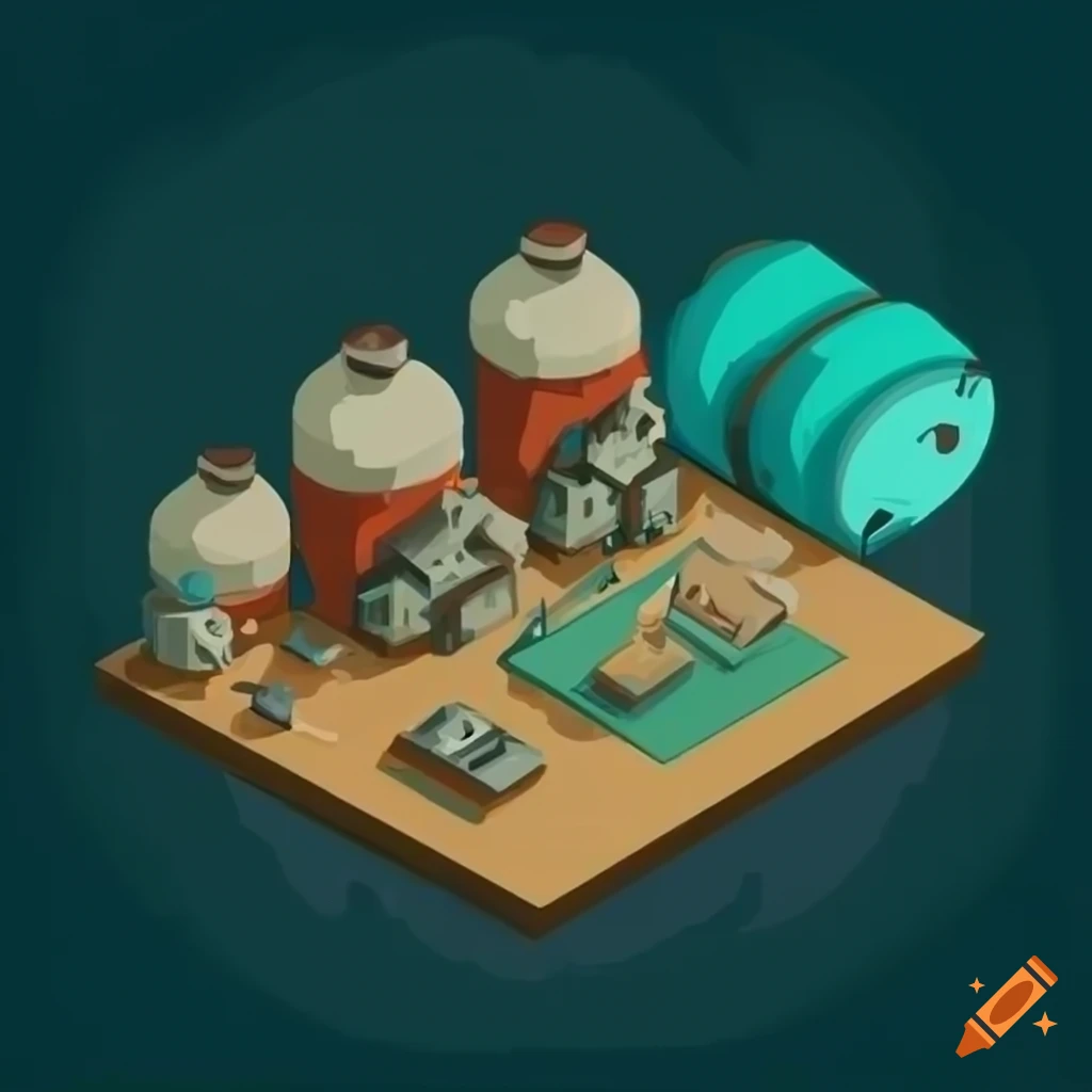 Isometric sci-fi alchemy shop in Studio Ghibli style with liquid storage tanks and vegetation
