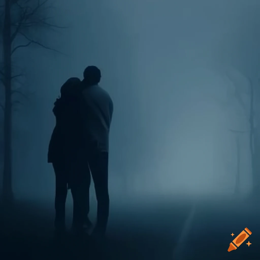 Romantic couple embraced in thick fog
