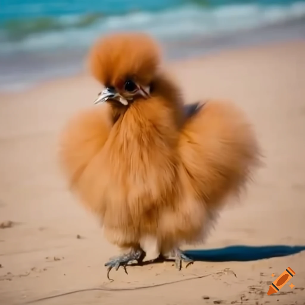 Fluffy silkie chickens playing on the beach