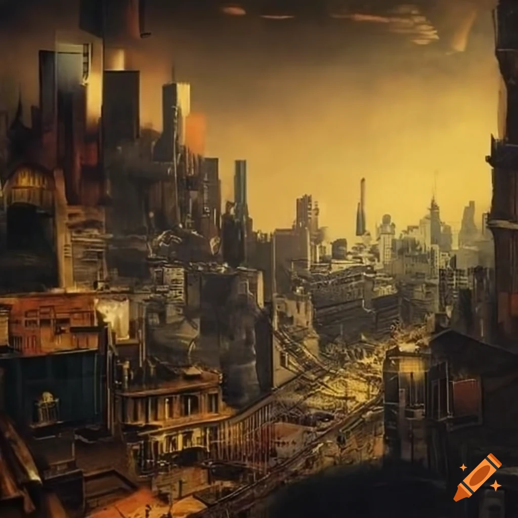 Steampunk Bauhaus collage hyperreal landscape