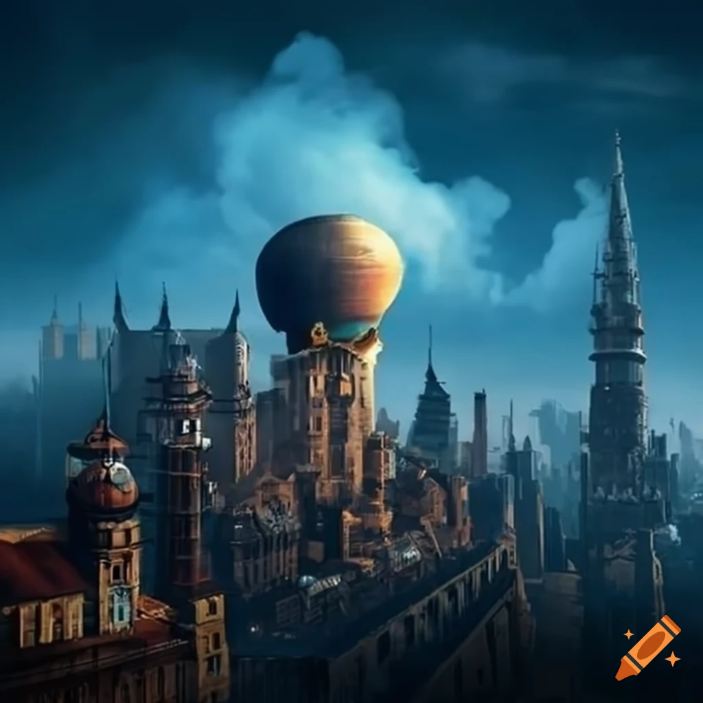 Steampunk city with airships in the sky and industrial pipes emitting smoke