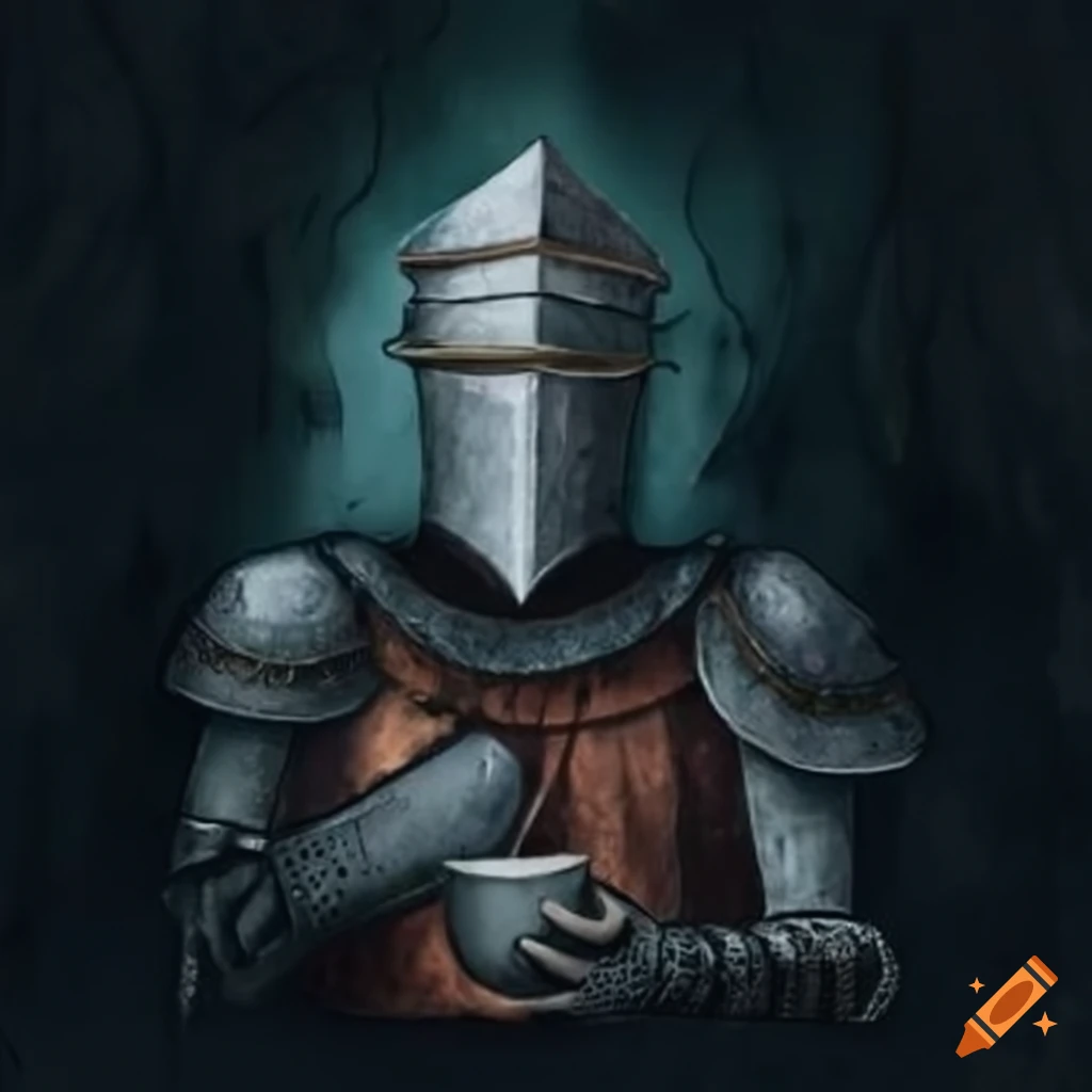 Knight enjoying a cup of tea in a dark fantasy setting