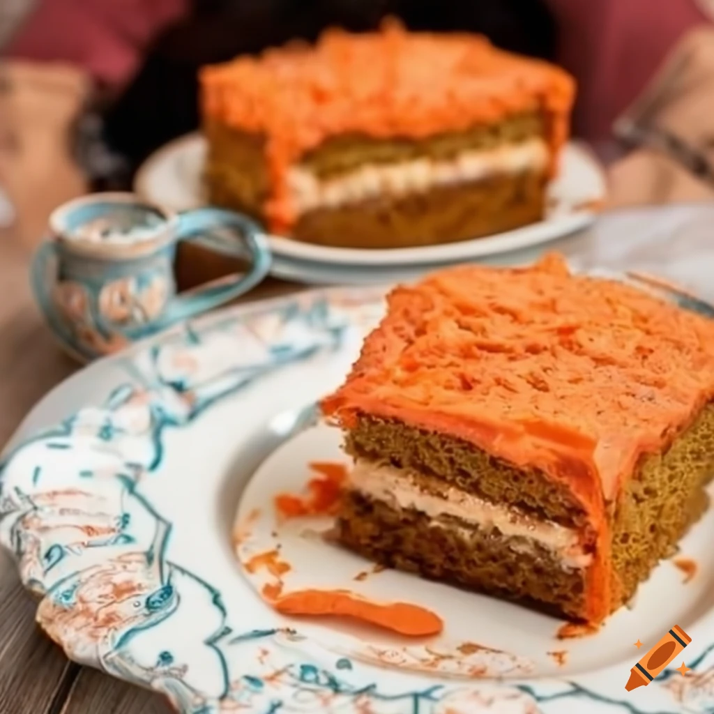 Scrumptious decorated carrot cake on vintage plate among recipes